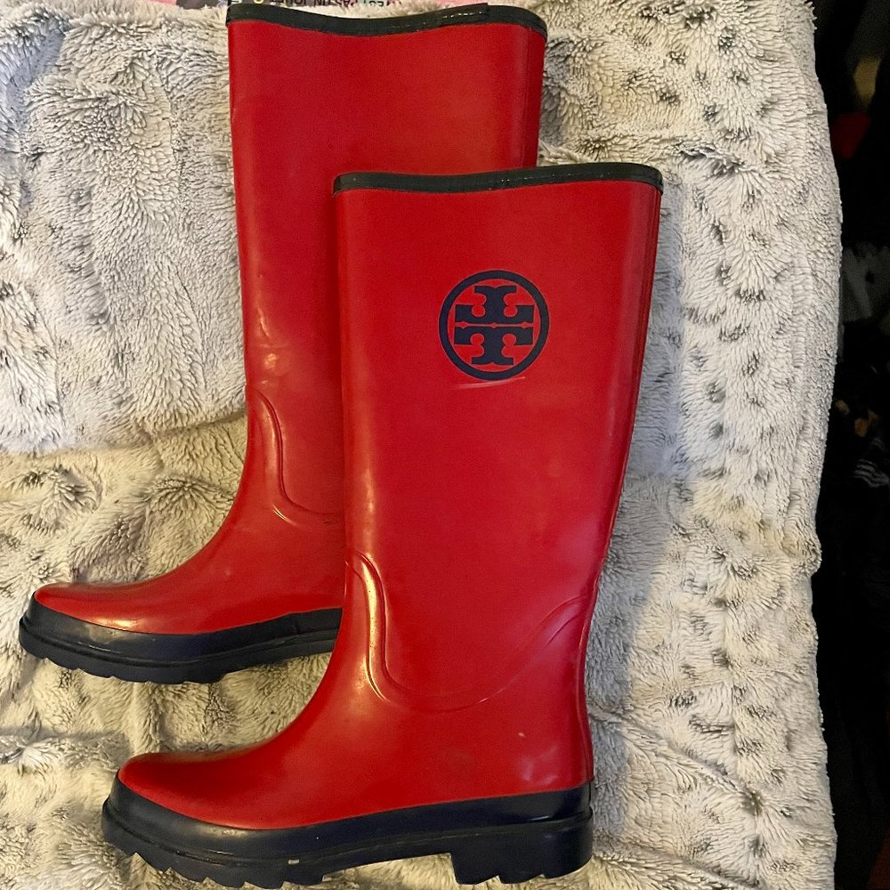 Tory Burch Womens Colorblock Rubber Knee-High Rainboots